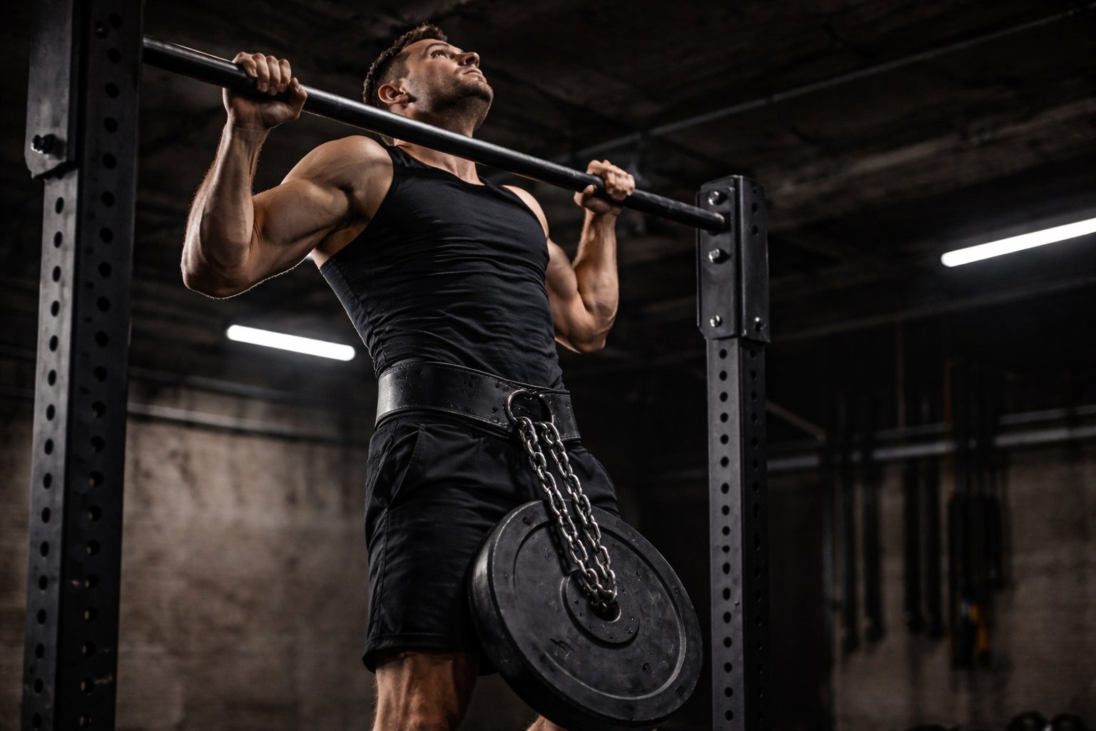 Trazioni zavorrate streetlifting Monza — atleta esegue pull-up con peso alla cintura nella sede SLI